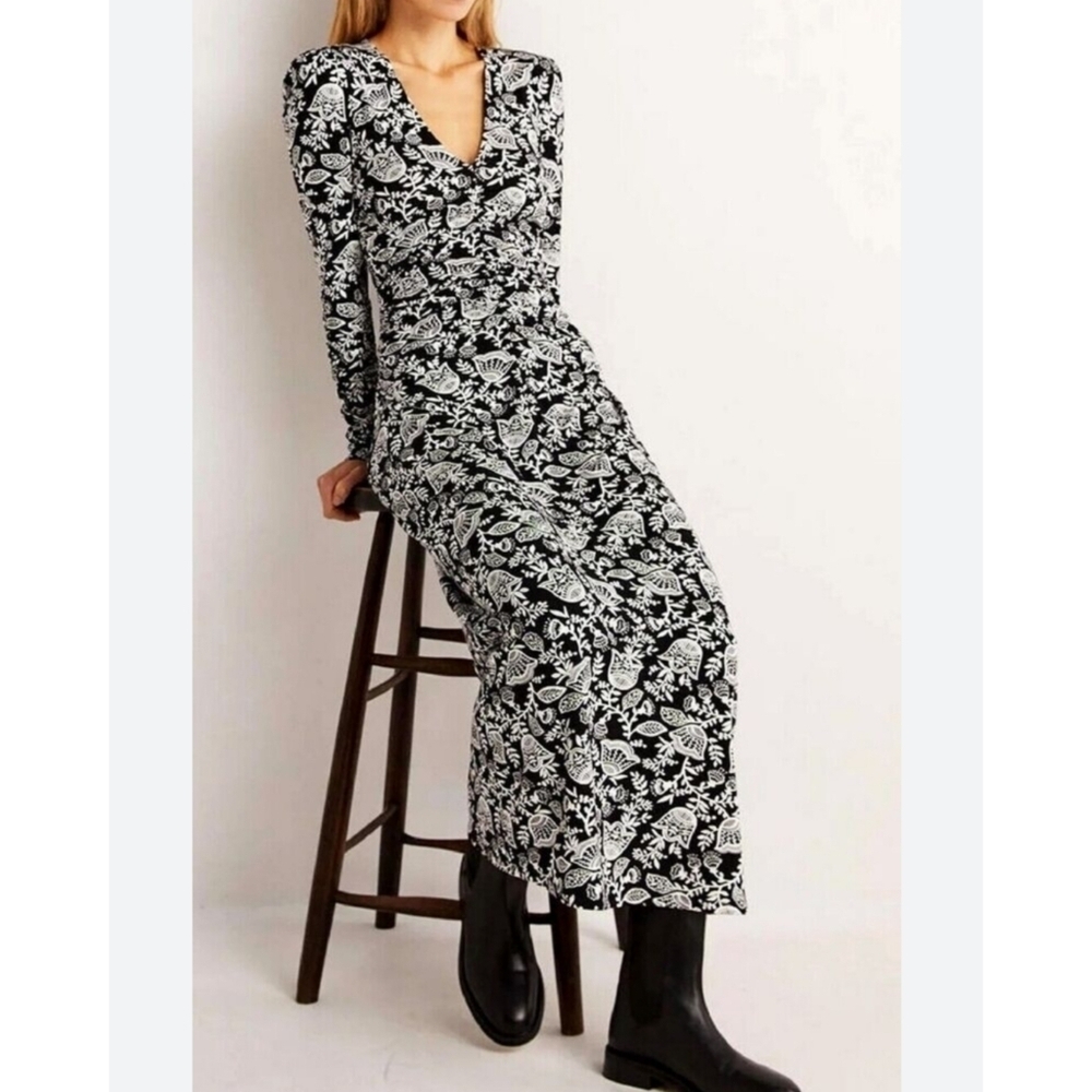 Boden Ruched Black and White Print Midi Jersey Dress Size 6 Petite